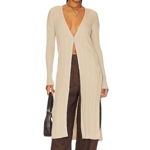 Free People Long Ribbed Button-Front Cardigan in Beige